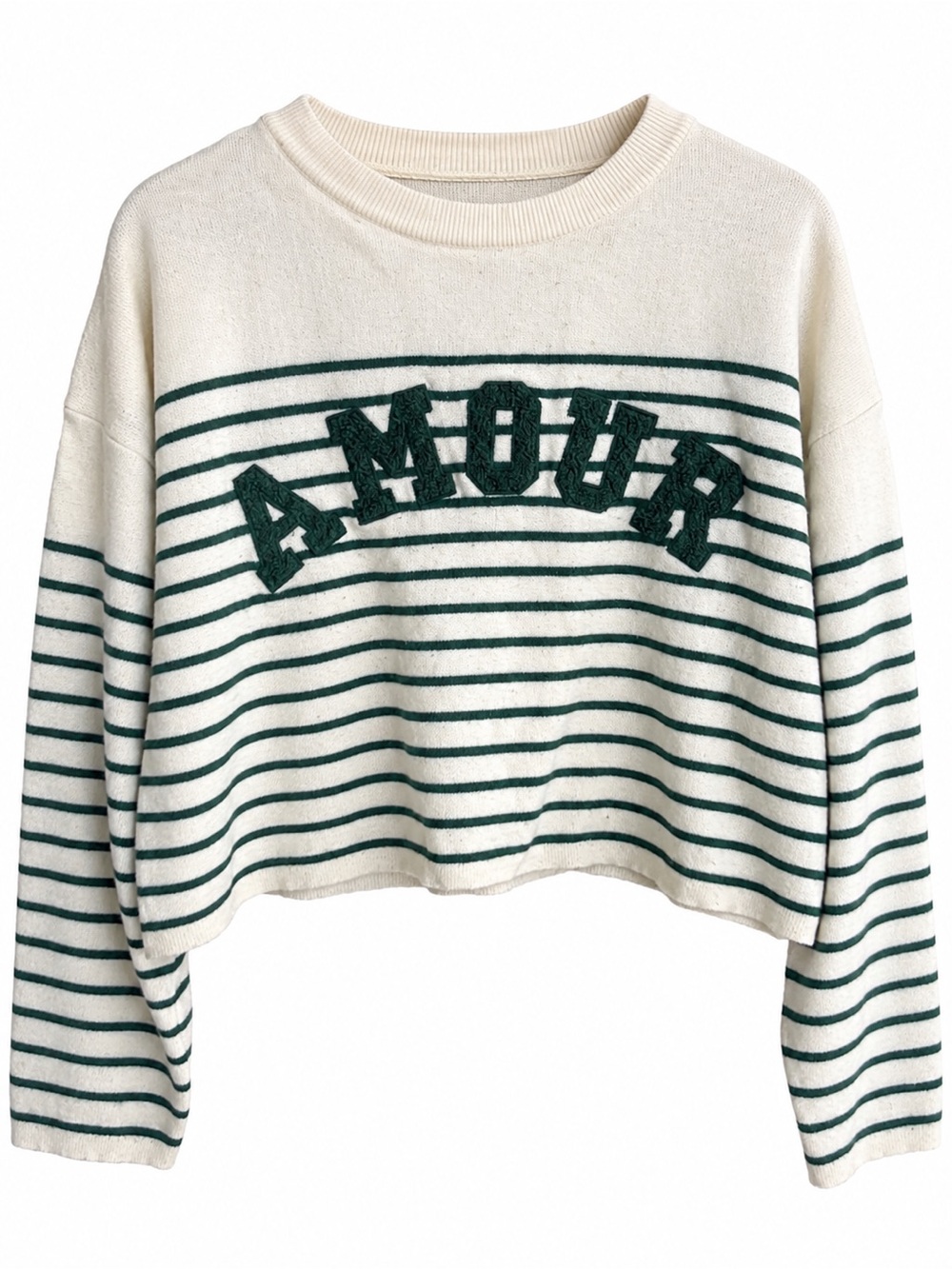 INDIE + MOI Cream & Green Striped "AMOUR" Boucle Letter Sweater Size T1 / M